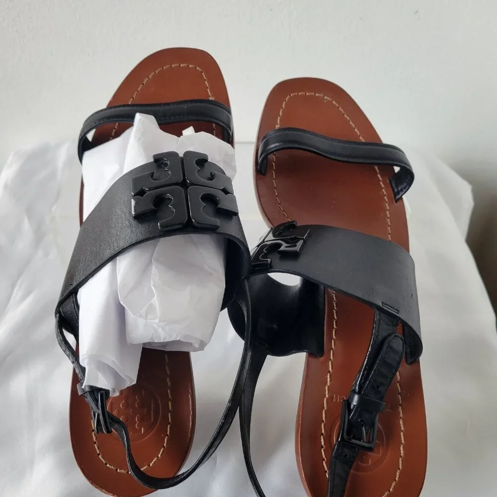 Tory Burch Lowell Women’s Slingback Black Leather Heeled Sandal (Size: 7M)